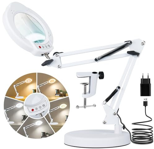 Riokko Lampada con lente di ingrandimento a LED, 10 x lente d'ingrandimento con luce, 5 modalità di colore, dimmerabile, lente d'ingrandimento illuminata a LED con luce e morsetto, mani libere per