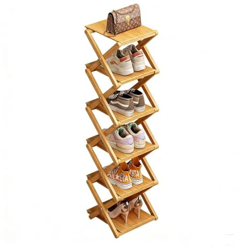 Zapatero de Bambú, Organizador de Zapatos Plegable Alto y Estrecho, Estantería Multifuncional que Ahorra Espacio para Entradas, eEsquinas, Dormitorios, Balcones, 6 Capas (Reforzadas y Engrosadas)