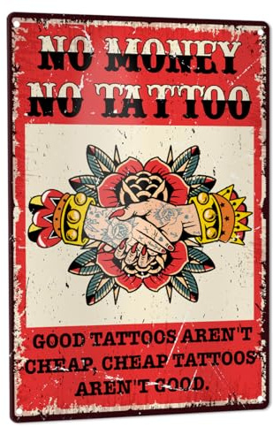 Funny Tattoo Shop Wall Decor, American Traditional Tattoo Parlor Room Studio Retro Metal Tin Sign Decoration Tattoo Artist Lover Gift 8 x 12, No Money No Tattoo