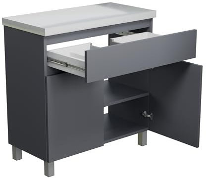 paplinskimoebel Meuble Salle de Bain Ariza Top avec Plan Bois pour Vasque à Poser | Tiroir avec Emplacement Syphon | Suspendu ou sur Pieds |Gris Mat - 80 cm