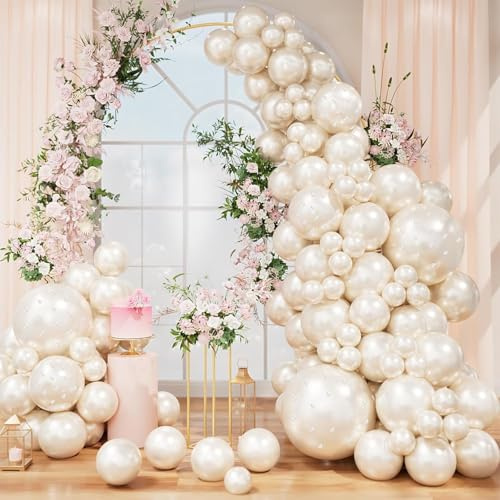 Pearl White Double Stuffed Balloons Garland Arch Kit - 83 Pcs Double Layer Pearl White Balloons (18/12/10/5in) with Pearl Stickers,Chains for Birthday,Wedding,Baby Shower,Party Decorations