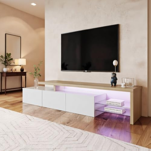 MISNODE Meuble TV 200 cm, Meuble Tele Scandinave avec éclairage LED, Blanc Brillant, Meuble TV Moderne avec étagères en Verre pour Salon, Chambre à Coucher, 200 x 39 x 42 cm, Blanc
