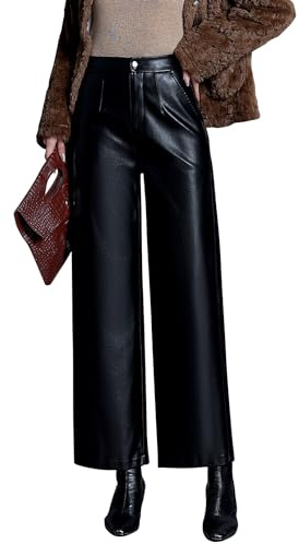 HaoMay Women's Faux Leather Pants Straight Wide Leg PU Trousers with Pockets(Black-M)