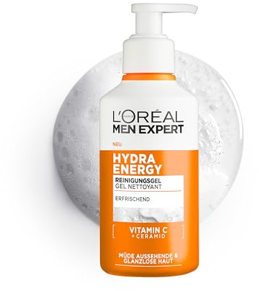 L'Oréal Men Expert belebende & sanfte Gesichtsreinigung für Männer, Waschgel für müde aussehende Männerhaut, Herren Cleanser für das Gesicht mit Vitamin C und Ceramiden, Hydra Energy 260 ml