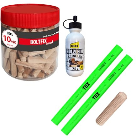 TOX set med träplugg Boltfix Wood 10/40 bok (80 st), 2x snickarpenna neongrön, 1x trälim, för möbler och säkra träförbindelser, 015909003
