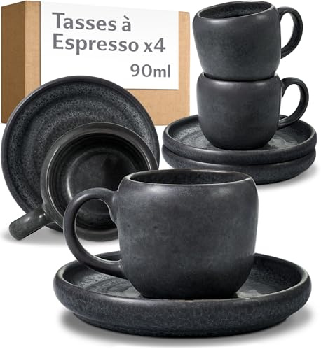 Cosumy Set di 4 Tazzine da Caffè Espresso con Piattini Nere – Tazze 90 ml in Ceramica – Mantiene il Calore Più a Lungo – Tazzine Eleganti con Smaltatura Artigianale – Set Tazzine Caffe