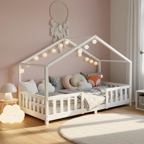 [en.casa] Cama para niños Casita Treviolo hasta 50 kg Cama Infantil con Reja Protectora Forma de casa de Madera Pino 70 x 140 cm - Blanco Mate Lacado