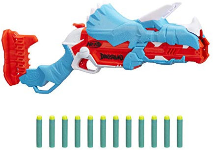 Nerf DinoSquad Tricera-Blast Blaster, aufklappbarer 3-Dart Lauf, 12 Nerf Darts, Dart-Aufbewahrung, Triceratops Design