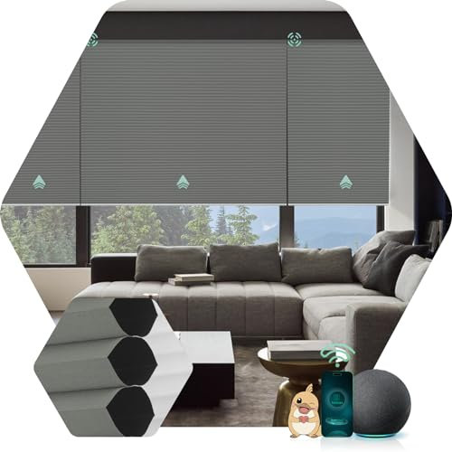 Yoolax Elektrische Wabenplissees mit Fernbedienung, Smart Rollo Elektrisch Innen mit Alexa & Google Home kompatibel Automatisch Doppelplisse für Home Office, 100% Verdunkelung(Dunkelgrau)