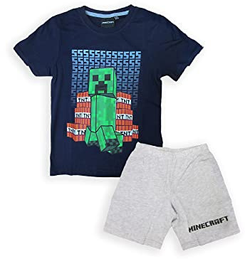 Fashion UK Pyjama Minecraft été Primaverile Modèle TNT Creeper T-shirt Bleu Gris Coton Produit officiel Taille enfant (6 ans - 116 cm)