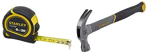 STANLEY Tylon 8m/26ft Pocket Tape Yellow/Black, 0-30-656 & STHT0-51310 20oz Fiberglass Curved Claw Hammer, 570g