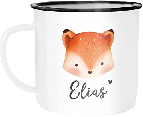 SpecialMe® Kinder-Tasse Emaille Bär, Fuchs, Einhorn mit Namen personalisierte Namenstasse für Kinder Tiermotive Fuchs emaille-weiß-schwarz standard
