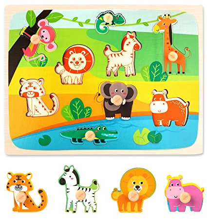 Puzzles en Bois à Bouton, Puzzle Encastrement avec Panneaux Perforés, Jouet Éducatif Montessori Éducatif Tableau de Tri de Puzzles pour Bébés Tout-Petits Enfants 2 3 4 Ans (Animaux)