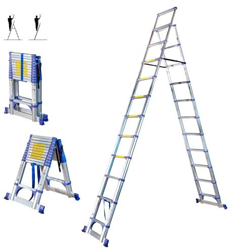 Scala telescopica a 12 gradini EXTENDACT12, Scala telescopica 3,5m+3,2m, scala pieghevole, Stabilizzatore, Alt. max lavoro 5m, Garanzia 5 anni, Hostrom