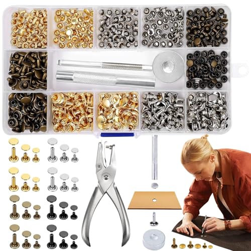 Benaton 360 Piezas Doble Tap Metal Remaches con Kit Herramienta de Fijación, 6mm 8mm 12mm Remaches de Piel, Remaches de Doble Tapa Tubular para DIY Artesanía Cuero(Con Alicates Agujeros)