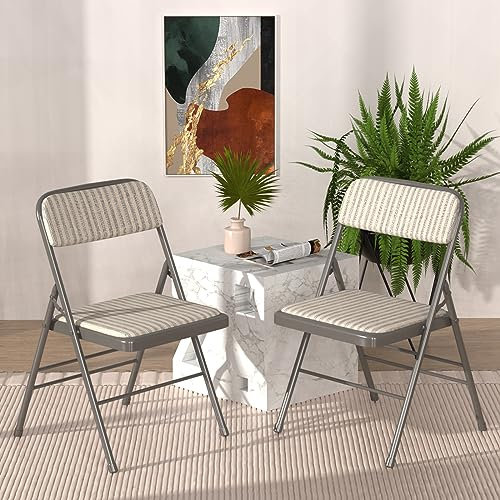 Wohenster 2er Set Klappstuhl Gepolstert, Beige-Grau Gestreifter Klappstühle Mit Metallgestell, Klappsessel aus Stoff, Campingstuhl Klappstuhl Balkon Garten Stühle Folding Chair Bürostuhl für Gäste