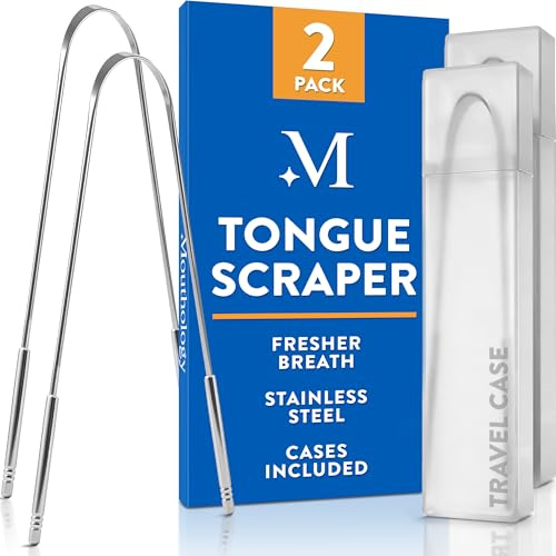 Mouthology Raspador de lengua (paquete de 2), reduce el mal aliento (fundas de viaje incluidas), limpiadores de lengua de acero inoxidable, raspador de lengua de metal, rascador de lengua para adultos