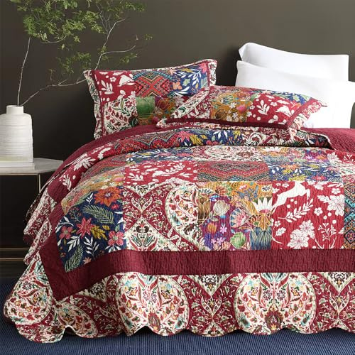 camandy Cotton Bedspread Quilt Bedding Sets 3 Pieces Reversible Coverlet Sets Comforters Gorgeous Paisley Floral Patchwork Red Bedspread, Queen Size