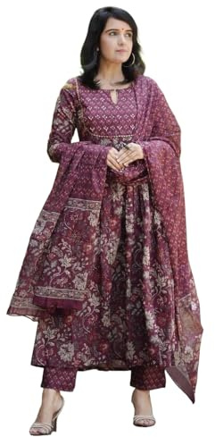 Alvami Anarkali Women's Kurta and Pants Set with Dupatta, Burgundy, Large