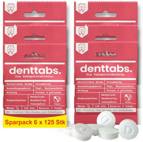Denttabs tandborsttabletter jordgubbssmak 6 x 125 st. det fullvärdiga alternativet till tandkräm, med anpassat fluoridinnehåll för barn, VEGAN plastfri utan konserveringsmedel. kompostabil väska