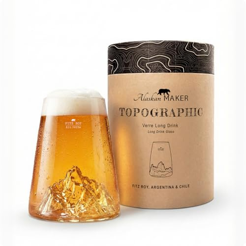 Alaskan MAKER Bicchiere long drink 450 ml - Cristallo di qualità superiore soffiato artigianalmente con montagne in rilievo | Cocktail, birra o bibita analcolica TOPOGRAPHIC (Fitz Roy)
