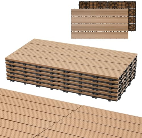 Uulenke WPC terrassplattor 12 stycken, 30 x 60 cm terrassbrädor för balkonggolv, klickplattor, balkongplattor i träutseende, golvbeläggning väderbeständig för terrass, för 2 m², teak
