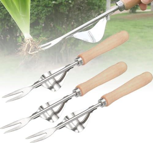 2025 Désherbeur Manuel Outil Gouge Jardinière Manuelle,de Désherbage en Acier Inoxydable avec poignée Bois Pelle Jardinage Arrache Pissenlit (3PCS)