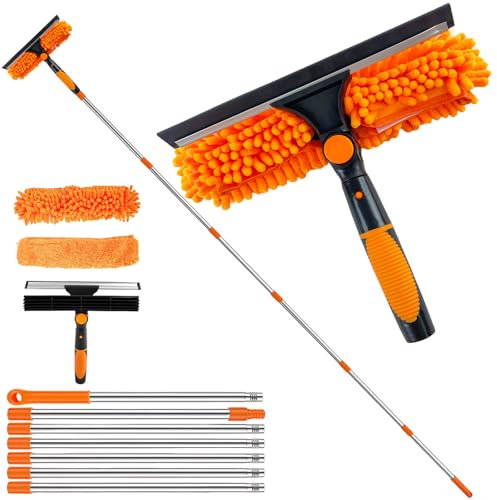 4.5M Window Squeegee Cleaning Equipment, Telescopic Long Handle Squeegee Kit for Glass, Extendable Window Cleaning Pole with Silicon Squeegee and Microfiber Pad for Indoor/Outdoor High Window (Orange)