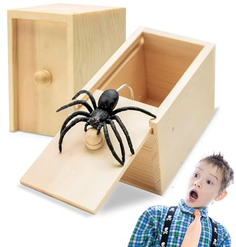 Caja de Bromas de Araña, 2 Piezas Broma de Araña en una Caja, Cajas Sorpresa de Arañas, Juguete de Broma de Arañas de Madera, para Niños Adultos Fiestas de Halloween Día de los Inocentes