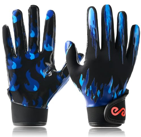 Syltra Youth Football Gloves Kids with Ultra Sticky Palm Flag Receiver Gloves, Fire Blue Youth M/L