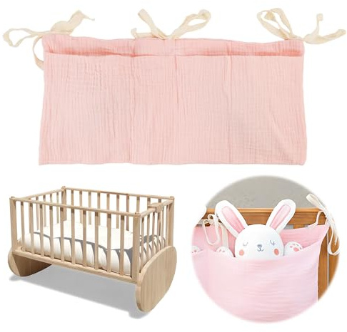 Organisateur de Lit Bébé, Sac de Rangement Suspendu Multifonctionnel pour Couches, Jouets, Accessoires - Caddy de Lit pour Nouveau-né, Installation Facile, Matériau en Coton Doux, Couleur rose