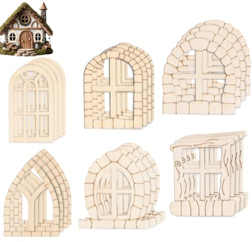 Angoily Juego de 50 piezas de ventanas de madera en miniatura y puertas de hadas para personalizar tu propio estilo natural, duradero, versátil para bricolaje jardín y casa de muñecas, accesorios para