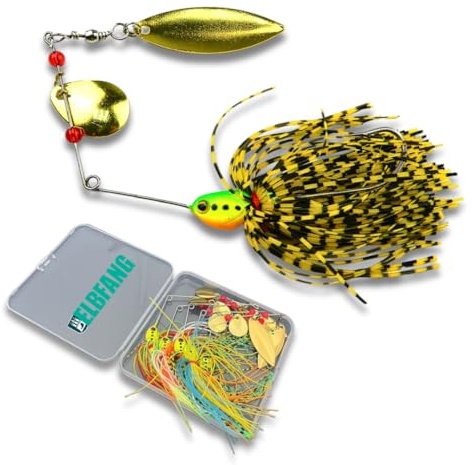 elbfang spinnerbaits set 5 stycken med låda – 9 cm/16 g – dubbelviddblade, handbundna silikon-kjolar, ultravassa krokar – konstgjort bete för gädda, abborre, gös och rovfisksfiske