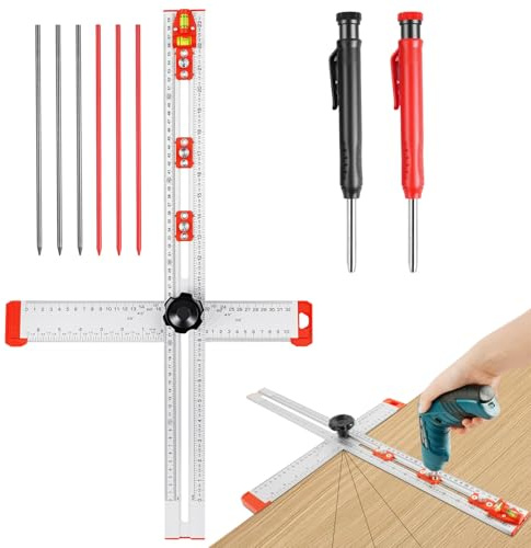 Flintronic 4-i-1 borrpositioneringslinjal, 60 cm skala markeringsmätningsverktyg T fyrkantig träbearbetningslinjal, exakt borrverktyg för träbearbetning, skribritning, skåphårdvara jigg (silver)