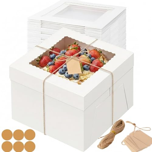 Fukmory 5 Piezas Cajas para Tartas, 25,4 x 25,4 x 20,3 cm Cajas Blancas Con Ventana y Bandeja para Tartas, Caja Tarta Recipiente para Pasteles