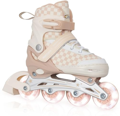 Nattork Adjustable Inline Skates for Kids Teens, Illuminating Wheels Blades Roller Skates with Checkerboard Design for Boys Girls Khaki Size 1 2 3 4