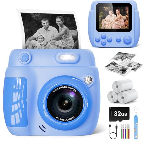 Cámara Instantánea para Niños, 1080p Cámara Digital con Impresión Instantánea, Tarjeta de 32 GB y 3 Rollos de Papel Térmico, Regalo de Cumpleaños para Niños y Niñas de 3 a 12 Años