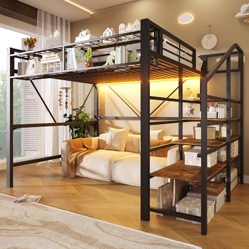DHHU Lit Mezzanine 140x200 cm en Métal Noir avec Étagères en Escalier, Panneaux Grille, Corbeille de Rangement, Espace Ouvert et LED Intégrée - sans Matelas