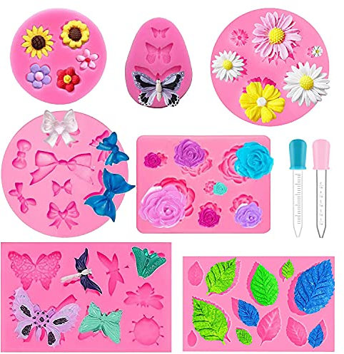 7 Stück Fondant Formen Rosen,Gänseblümchen Blumen, Schmetterling, Blätter, Libelle, Bow, Sonnenblume, dekorative Silikonformen Mit 2 Tropfern für Jelly Sugar Candy Schokolade Kuchen Dekoration (Rosa)