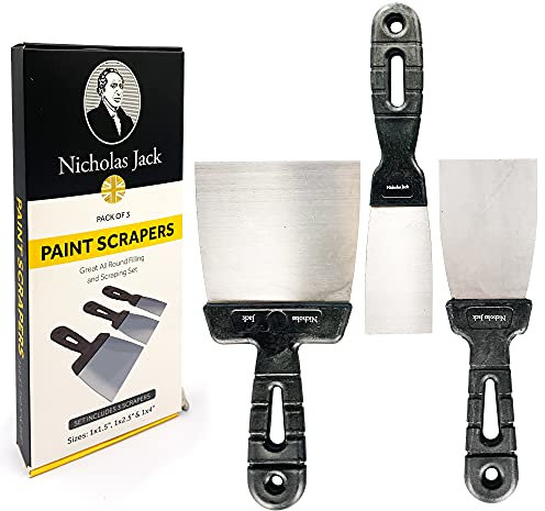 Nicholas Jack Juego de 3 raspadores de pintura – Juego de 3 raspadores de papel pintado y cuchillo de masilla, rascador de metal flexible y acero inoxidable para paredes