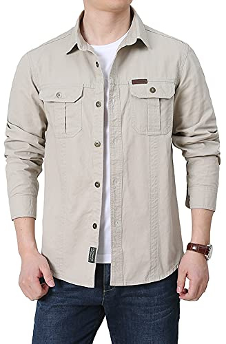 Homme Classique Cotton Printemps Été Automne Chemise Cargo Militaire Bomber Casual Chemise de Travail à Manches Longue Chemises Shirts Chemisette Boutons Veste Cargo Décontractée,Gris,M