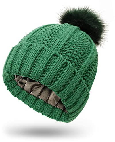 Muryobao Women Satin Lined Beanie Hat Knit Cuffed Warm Winter Hats Faux Fur Pom Pom Silk Lining Slouchy Skull Cap Green