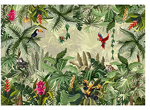 WallArena - Vlies Fototapete Dschungel Tiere Blätter Pflanzen Tropische 312x219 cm - Fototapeten - Tapeten - für Wohnzimmer Schlafzimmer - Vliestapete Wandtapete Tapete 3D Effekt- inkl. Kleister