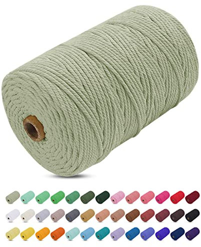 Corde Macramé 3mm x 200m, Uiopa Fil Macramé 3mm Corde Coton Naturelle 4 Brins, Coloré Ficelle Cordon Coton pour Tressée DIY, Tentures Murales, Porte Plante, Rideau, Decoration Boheme (Haricot vert)