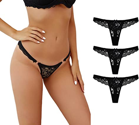 marysgift Thongs for Women Lace Sexy Breathable Lace Thong Panties Underwear Black Breathable Hipster Bikini (T01,M UK 6 8)