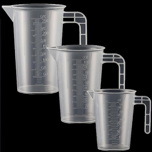 3 Stück Messbecher Kunststoff Set Mit Griff und Gramm Skala 50ml+100ml+250ml, Hitzebeständig Präzision Messbecher für Waschmittel, Küche, Labor, die Autopflege feine Skala Lebensmittelecht Transparent