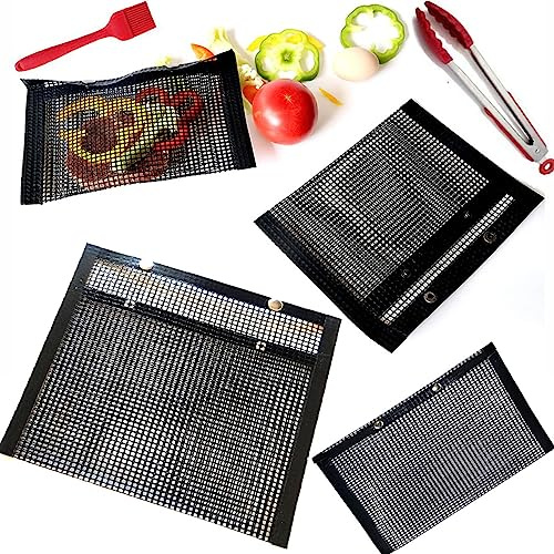 Grillväskor för grönsaker återanvändbara non-stick grillpåsar grillnät grillpåsar grillnät med bastborste och grillklämmor för utomhusgrillning matlagning set med 4 storlekar