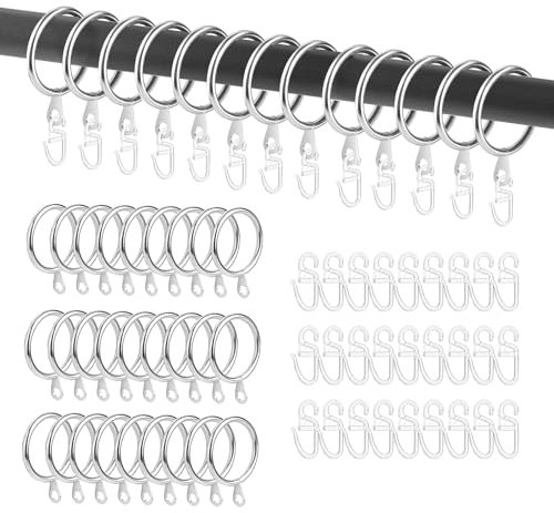 MABAHON 60 Stück Metall Vorhangringe Vorhang Hängend Ringe mit Ösen und 60 Stück Kunststoff Gardinenhaken für Fenster Tür Duschvorhänge, 30 mm Innendurchmesser(Silber)