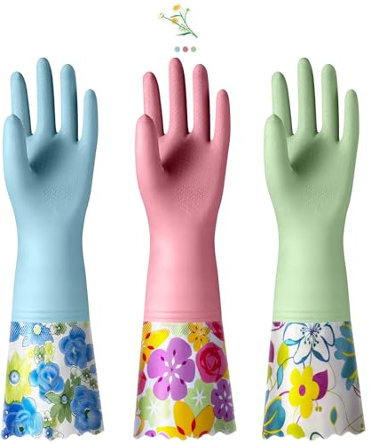 KAQ 3 Pairs Dishwashing Cleaning Gloves, Reusable Long Rubber Gloves with Cotton Lining, Latex Free Dish Washing Gloves, Water Resistant Household Glove for Kitchen Bathroom(Medium)