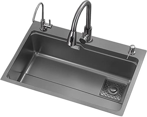 Küchen-Einbauspüle, dunkles Edelstahl-Spülbecken in Grau, runde Eck-Einbauwaschbecken, Einzelbecken-Spüle (Farbe: Silber, Größe: 75 x 46 cm) (Silber 75 x 46 cm)